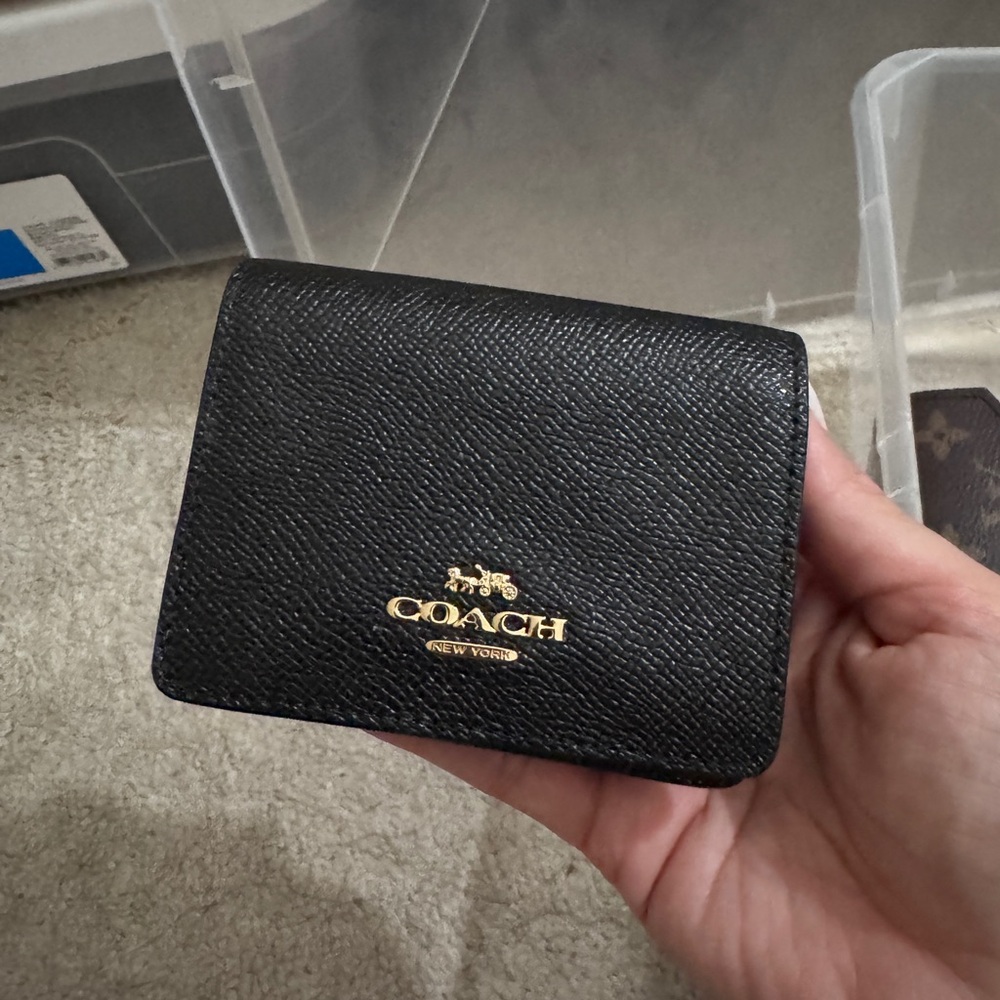 Coach Black Leather Card Holder with Gold Logo Accent